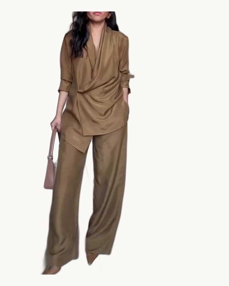 Wrap-style Satin Blouse and Wide-leg Pants Set 1