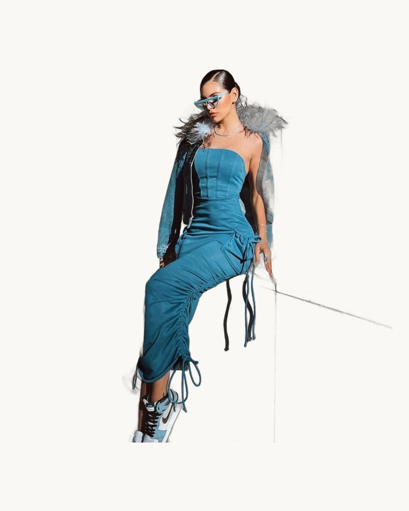 Sheath a Collar Pocket Design Waist Thin Draw Pleated Dress 1