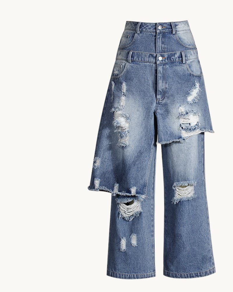 Casual Faux Two-piece Ripped Jeans 1