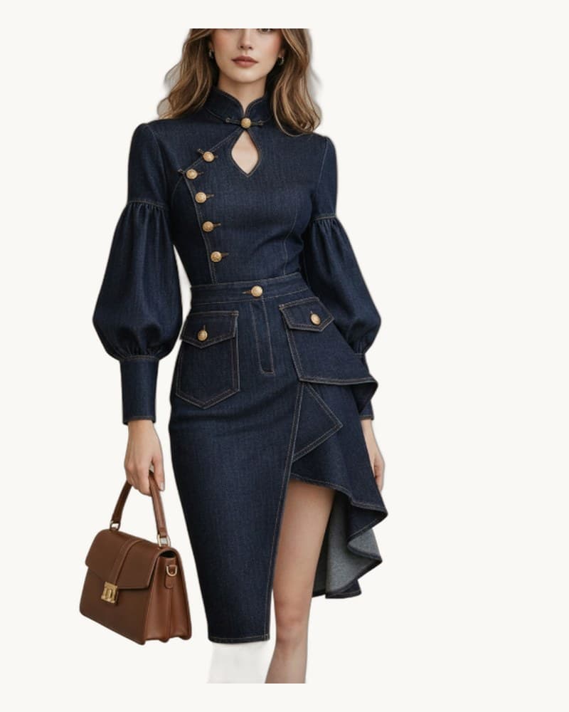 Architectural Indigo Denim Midi Dress-military Gold-tone 1