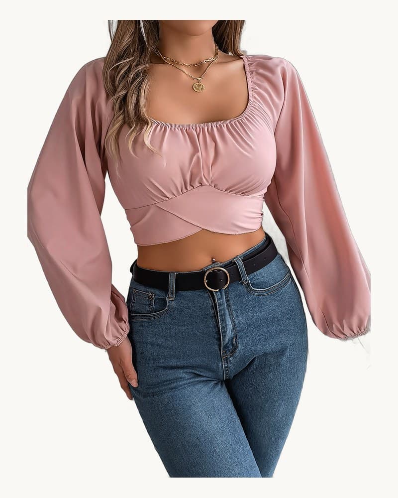 Casual Lantern Sleeve Tie Waist Chiffon Crop Top 1