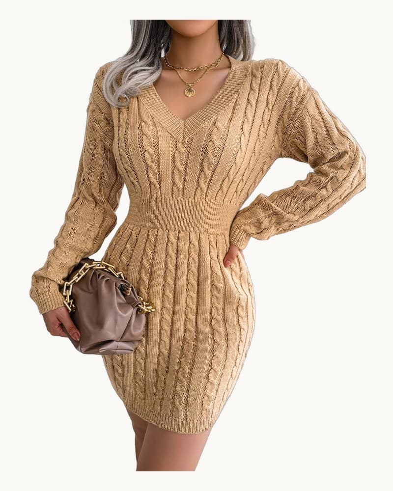 Cinched Waist Cable Knit Bodycon Sweater Dress 1