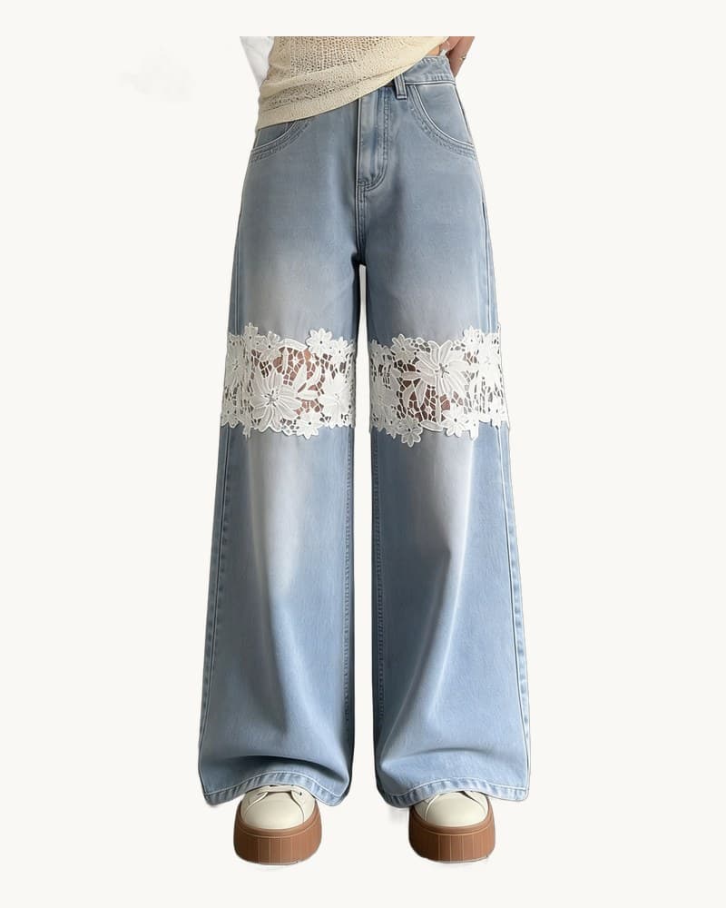Light Wash Lace Insert Wide Leg Jeans 1
