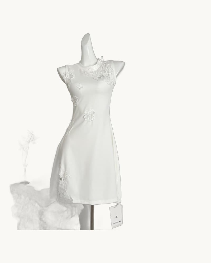 White Lace Openwork Design Sleeveless Dress Skirt 1