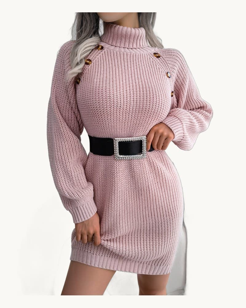 Casual Buttoned High Neck Long Sleeve Sweater Dress 1
