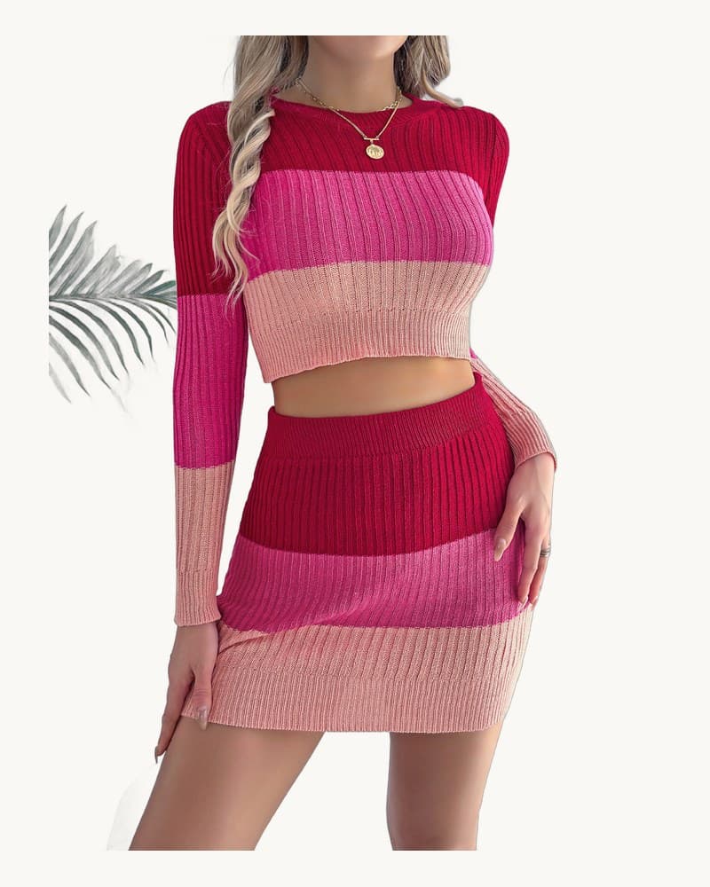Color Block Long Sleeve Cropped Top & Bodycon Skirt Knit Set 1