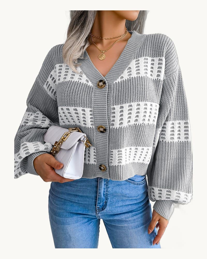 Designer Color Block Lantern Sleeve Cardigan Sweater Coat 1