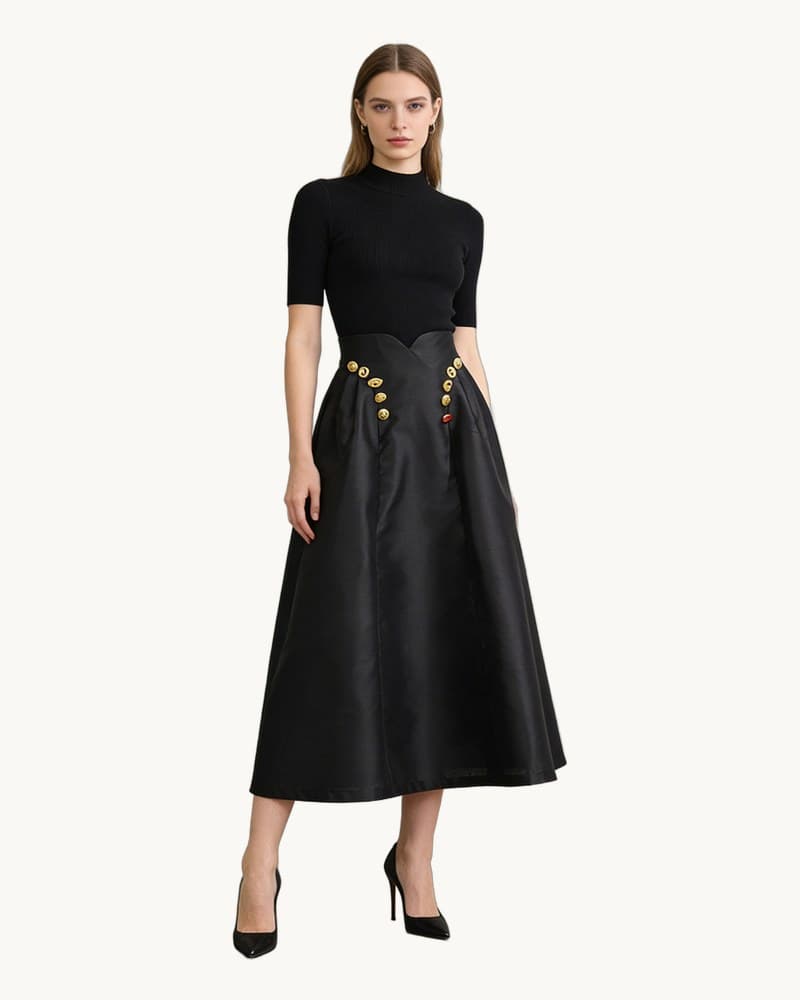 Irregularly Shaped Button-decorated Pleated Midi Skirt 1