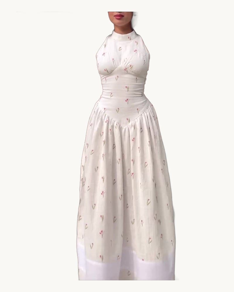 White Floral Print Turtleneck Sleeveless Waist-cinched Maxi 1