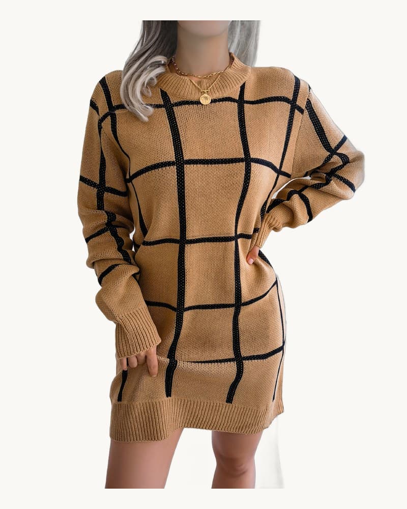 Casual Color Block Plaid Long Sleeve Sweater Dress 1
