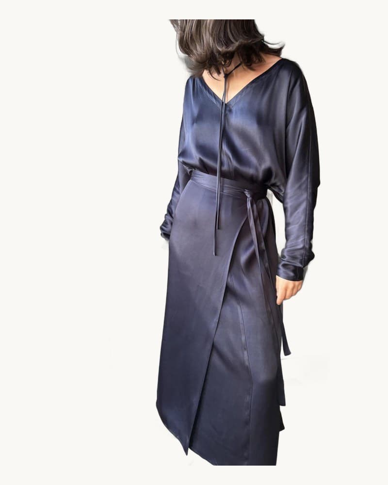 Navy Blue Satin Tie-waist Slit Long Sleeve Maxi Dress 1