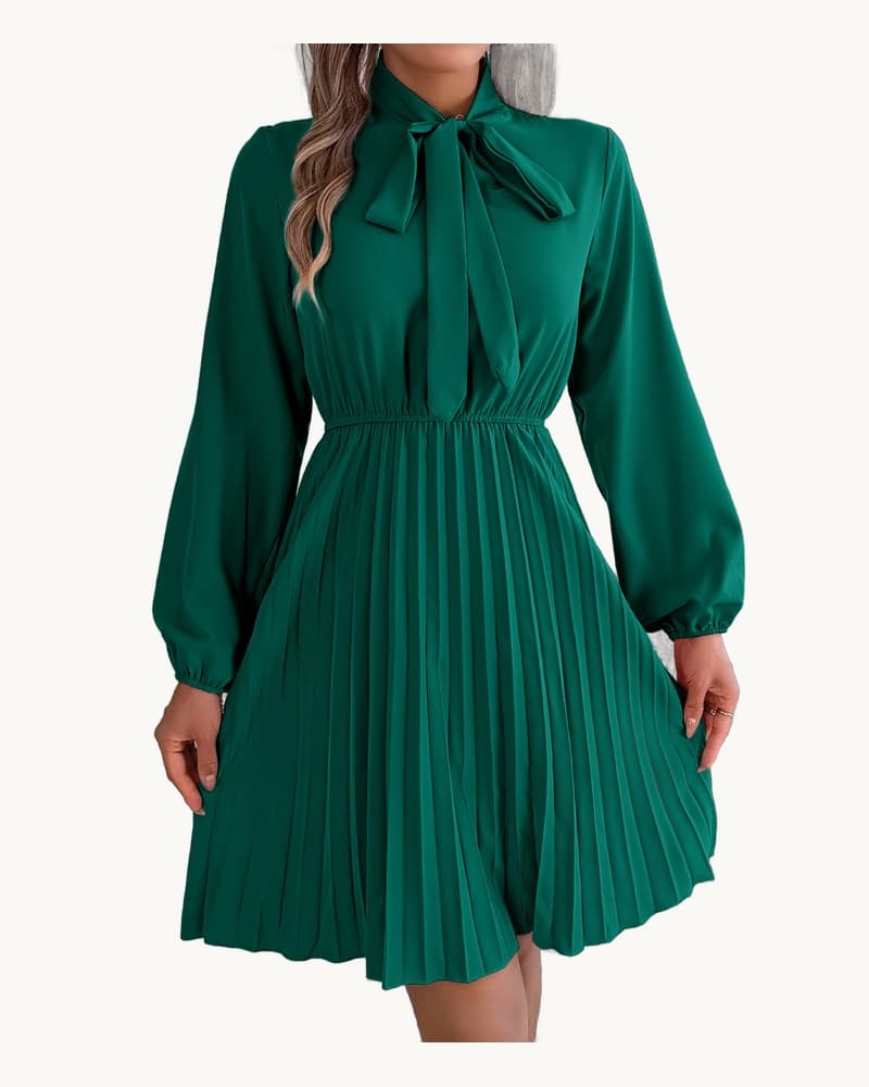 Elegant Tie Waist Long Sleeve Pleated Dress 1