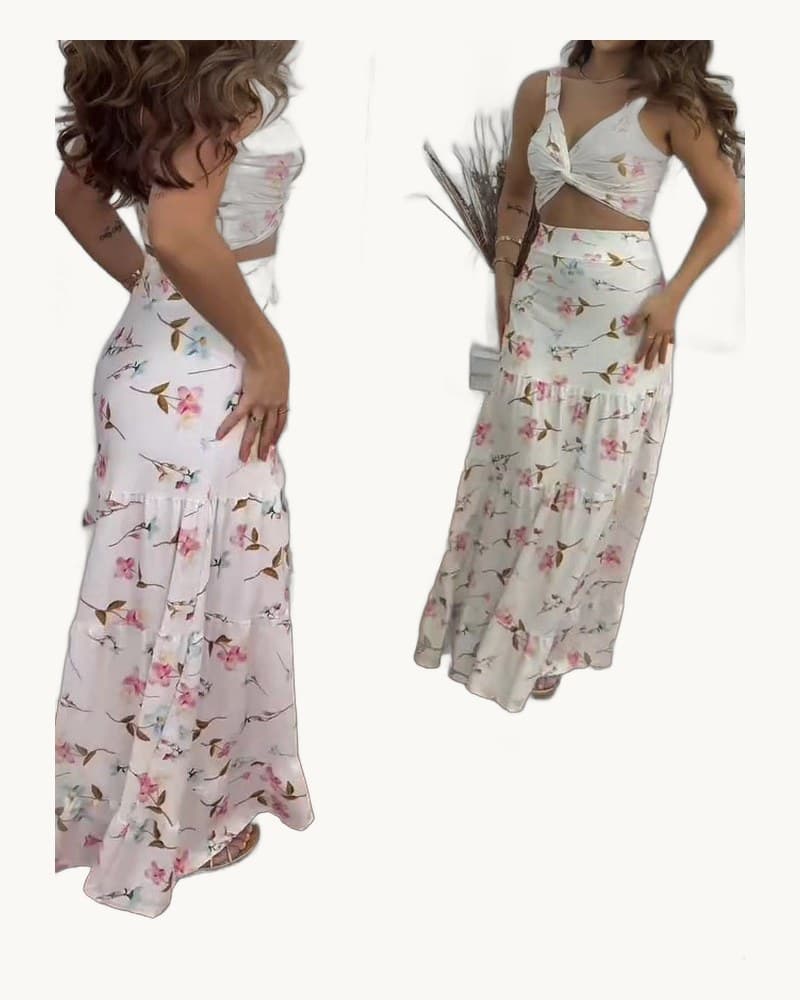 Floral Print Twist Crop Top & Ruffle Skirt Set 1