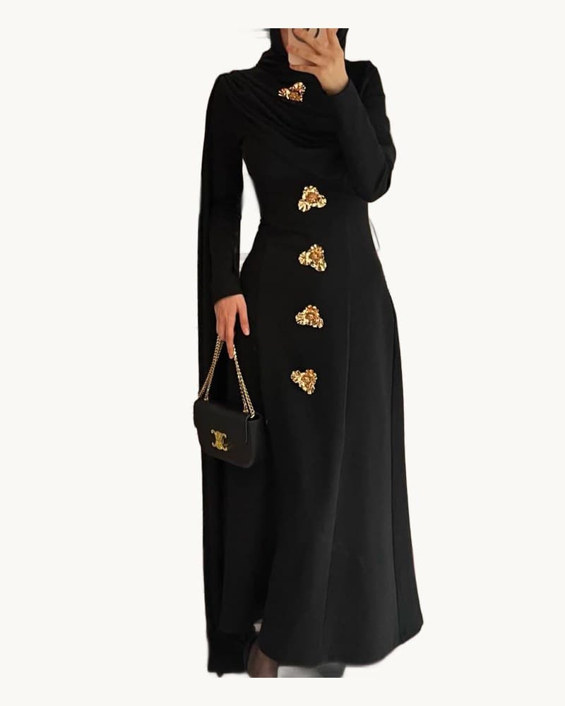 Black Turtleneck Cape Sleeve Gold Button Maxi Dress 1