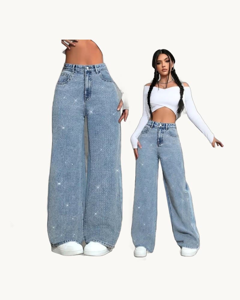 Loose Mid-waist Stretch Straight Jeans with Rhinestones 1