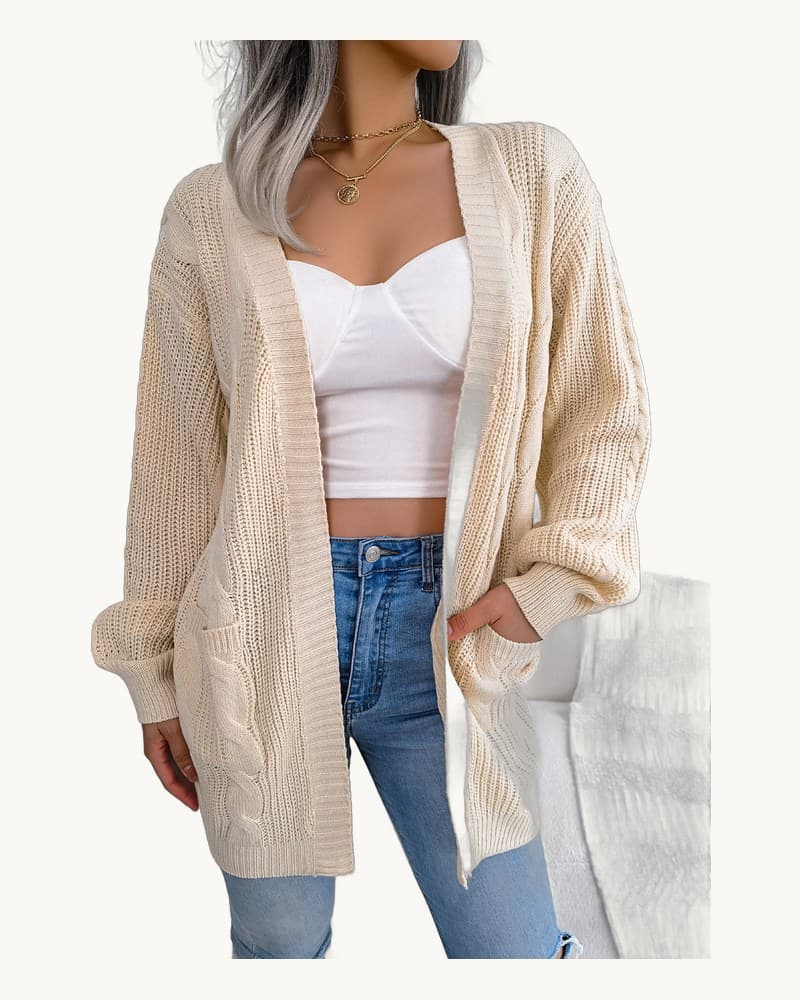 Cable Knit Lantern Sleeve Pocket Cardigan Sweater Coat 1