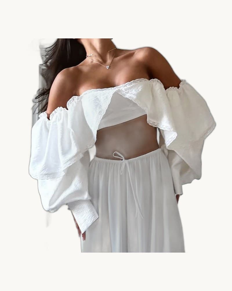 Square Neck Tie-up Lace-trimmed Crop Shirt 1