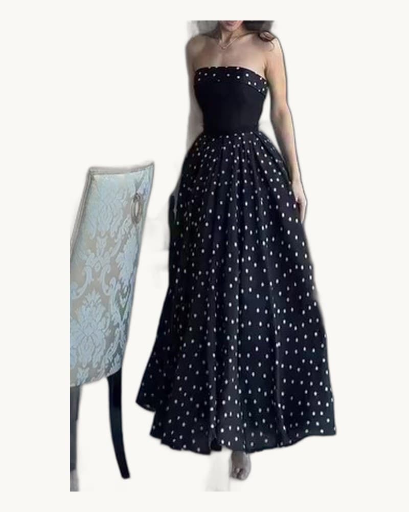 Black Strapless Polka Dot Full Skirt Maxi Dress 1