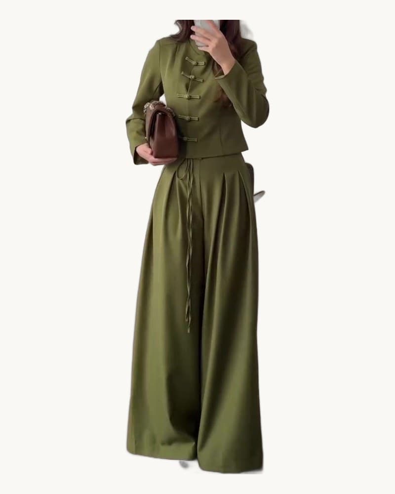 Mandarin Collar Knot Crop Top & Drawstring Wide Leg Pants 1