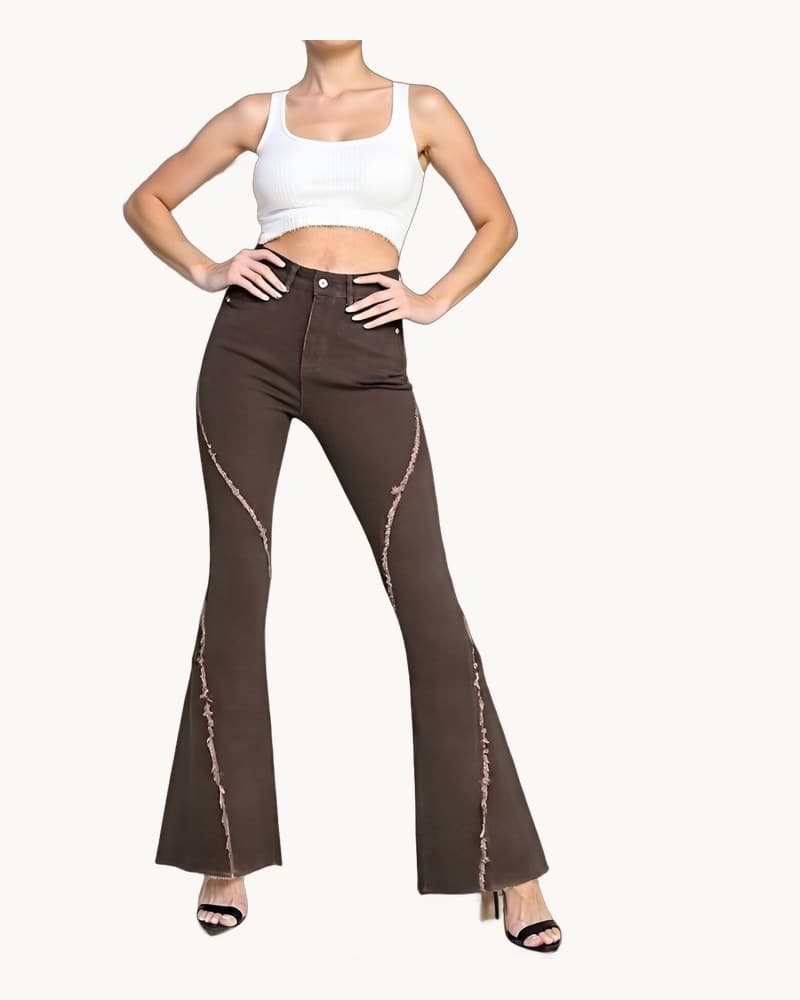 Brown High Waist Flare Jeans, Frayed Contrast Stitching 1