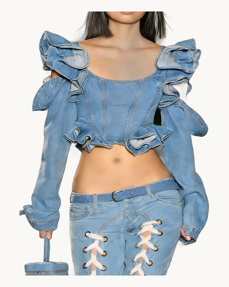 Long-sleeved Cropped Denim Jacket with Ruffled Hem 1
