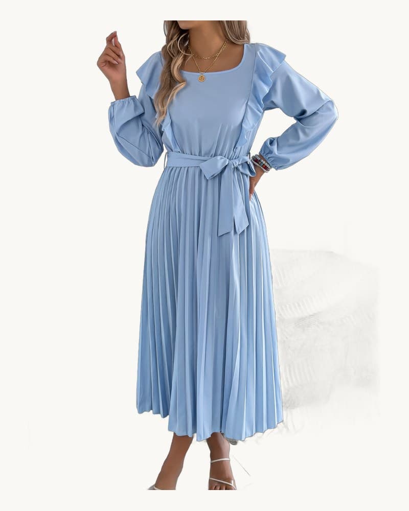 Elegant Ruffle Trim Square Neck Long Sleeve Tie Waist 1