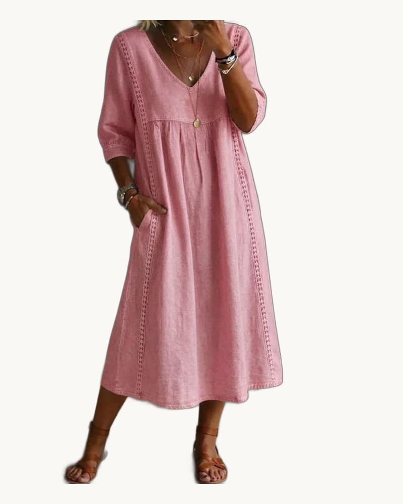 Casual Loose V-neck Lace Trim Linen Cotton Dress 1