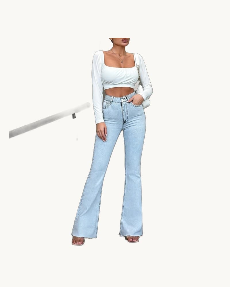 Casual Versatile Mid-waist Washed Raw Hem Flare Jeans 1