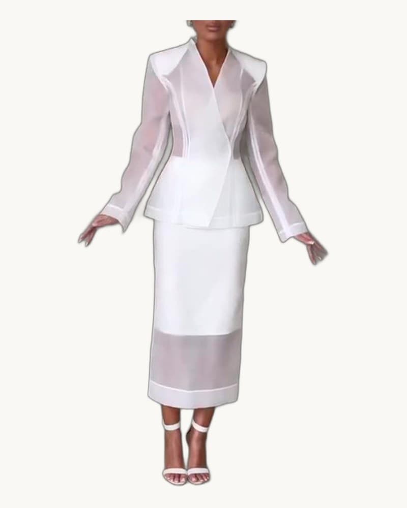 White Organza Tailored Blazer & Sheer Midi Skirt 2-piece Set 1