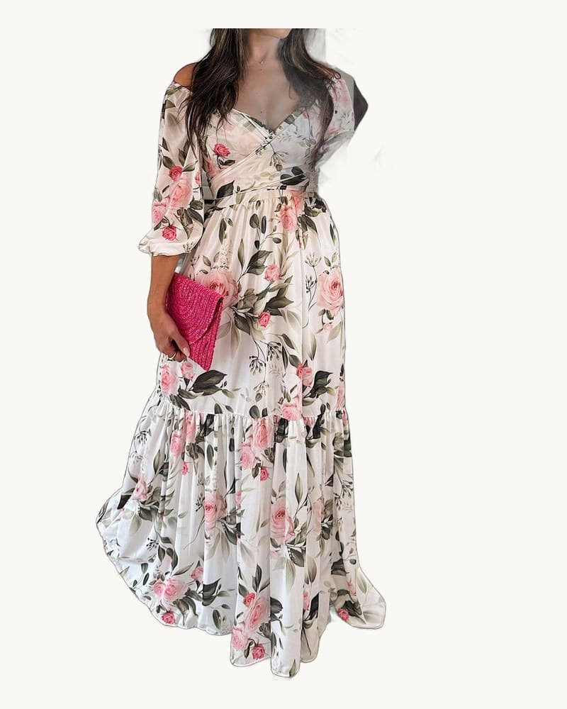Elegant V-neck Printed Tie-waist Maxi Dress 1