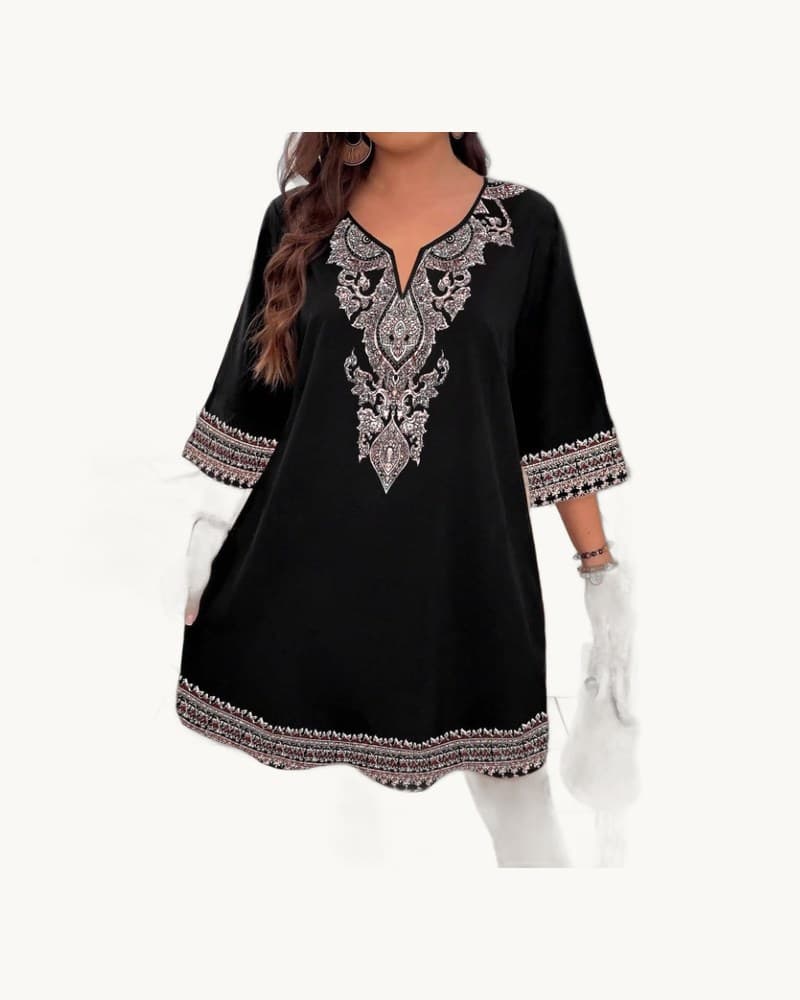 Dress with Three-quarter Sleeves Printed V-neck 1