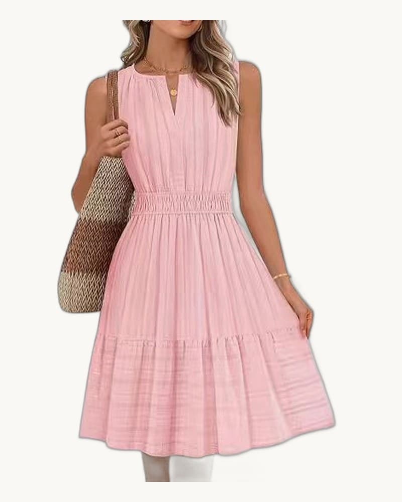 Fitted-waist Round-neck Mini V-neck Pleated Cotton-linen 1