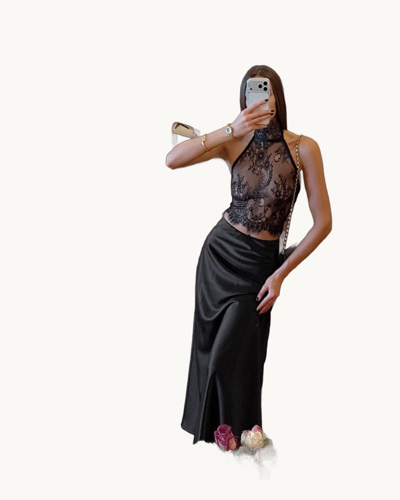 Black Lace Sheer Halter Top and Satin High-waisted Skirt 1