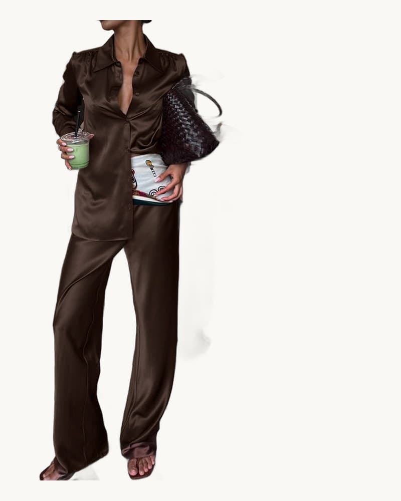 Collared Long-sleeved Cardigan Top and Wide-leg Pants 1