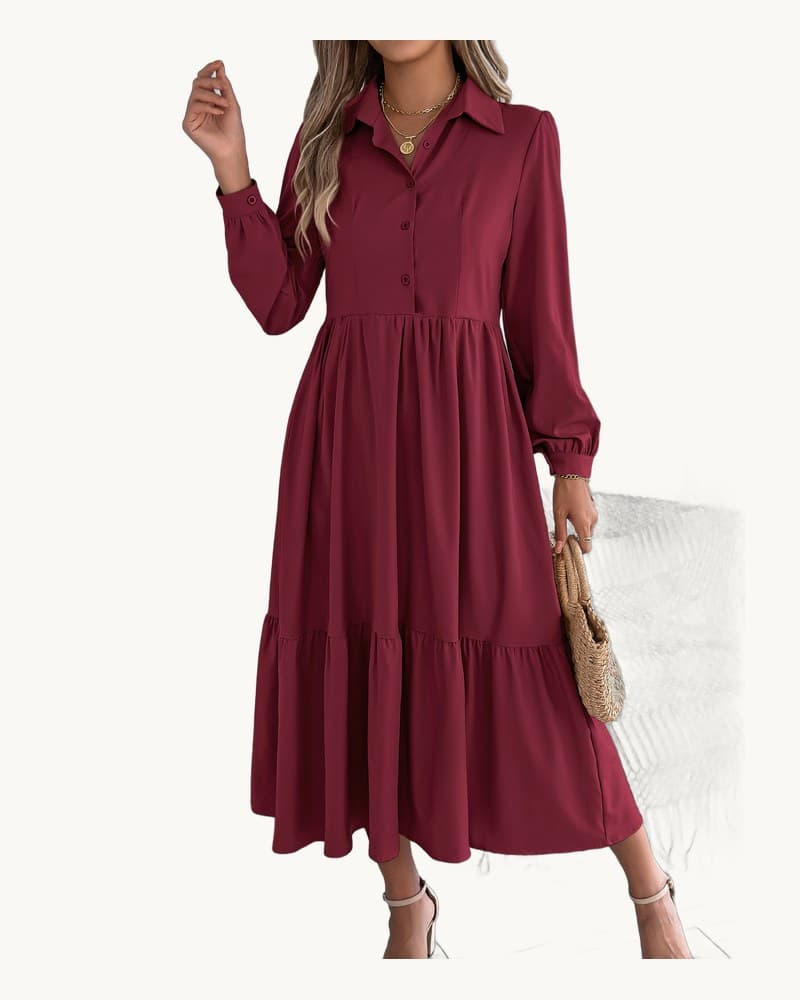 Lapel Casual Loose Long Sleeve Ruffled Blouse Dress 1