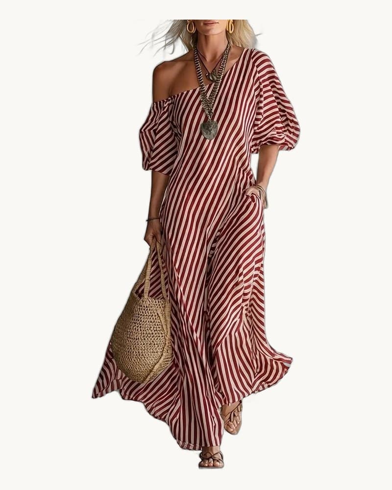 Spring Elegant Striped Off-shoulder Dress 1