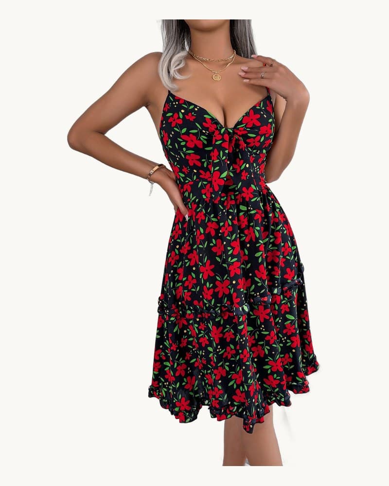 Casual Floral Print Bow Ruffle Trim Camisole Dress 1