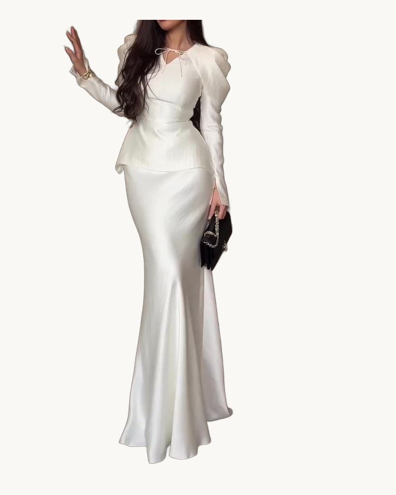 White Satin V-neck Waist-cinched Top & Mermaid Skirt Set 1