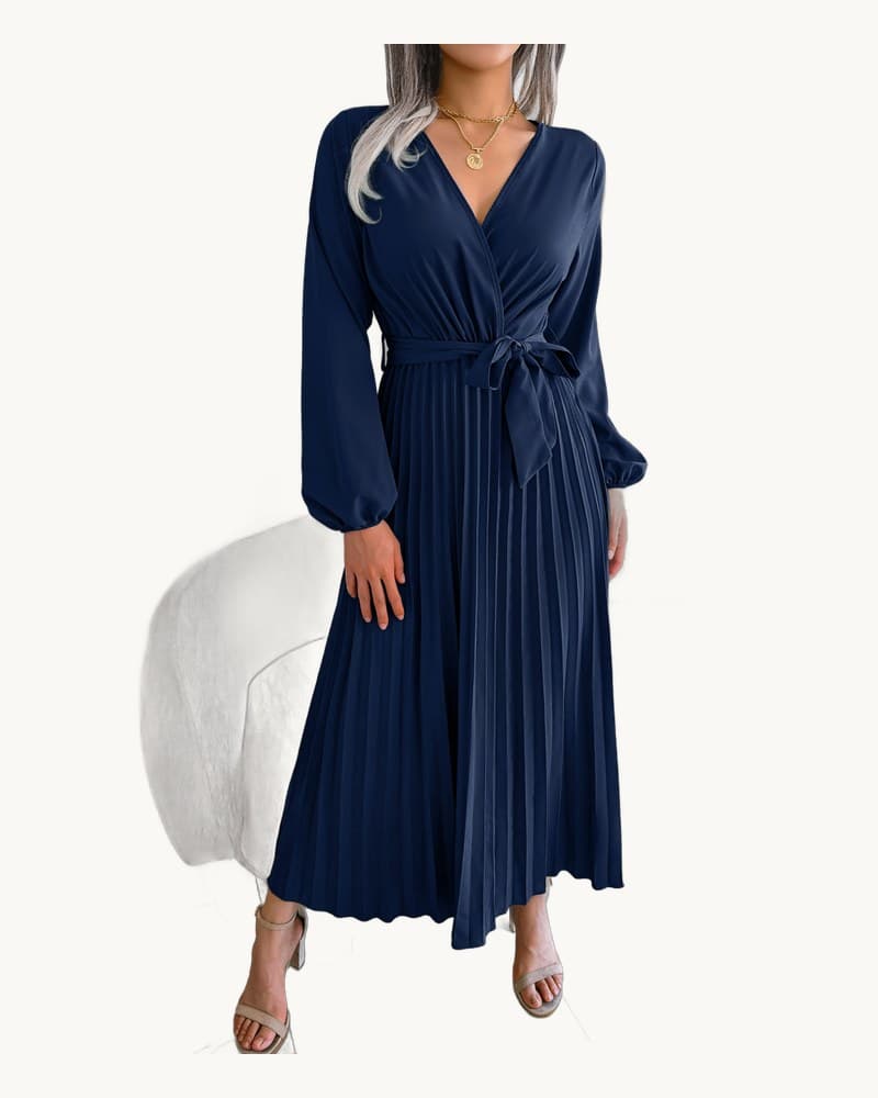 Elegant Cross V Neck Flowy Pleated Maxi Dress 1