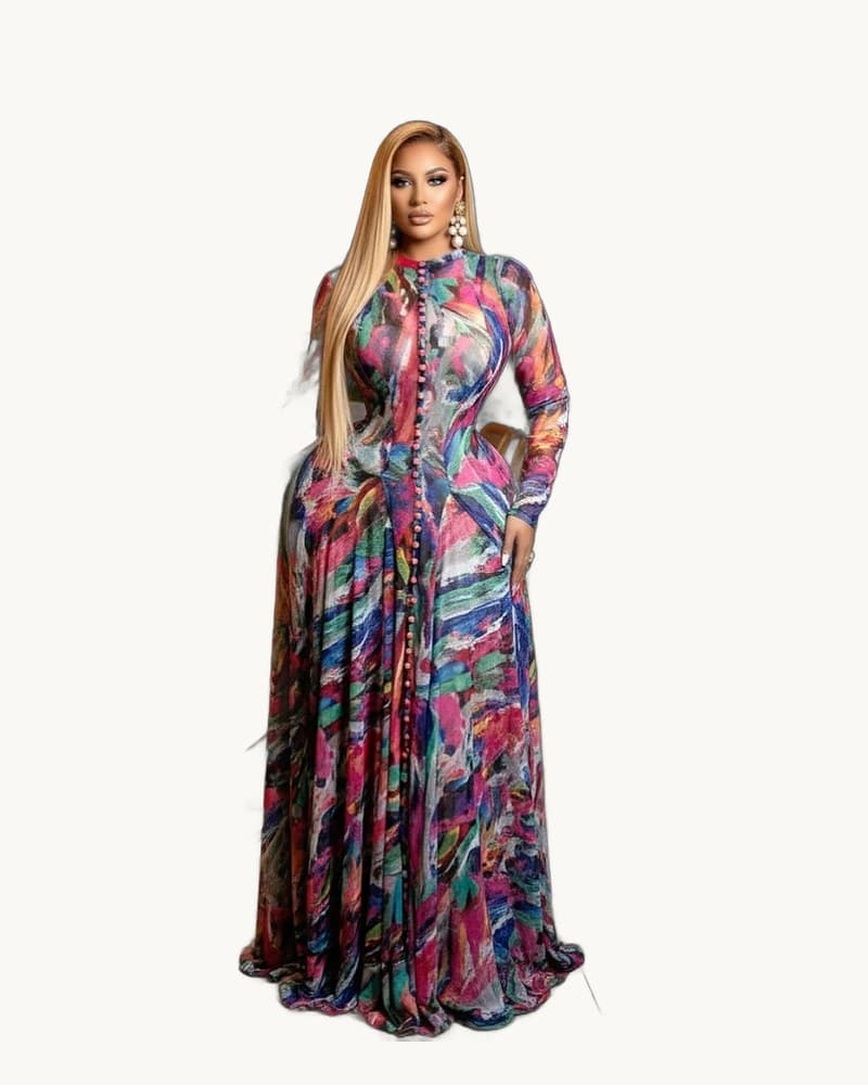 Multicolor Abstract Print Long Sleeve Maxi Dress 1