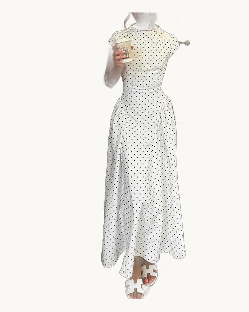 French Style Polka Dot Round Neck Waist-cinched Swing Maxi 1