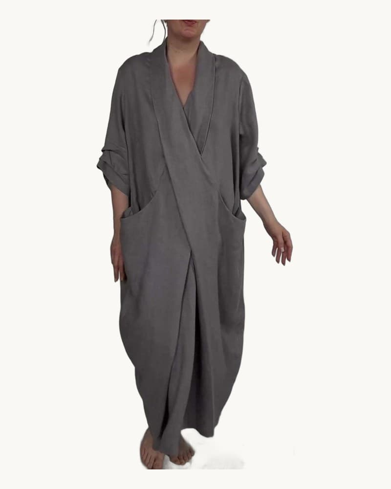 Linen Blend V-neck Wrap Dress with Pockets 1