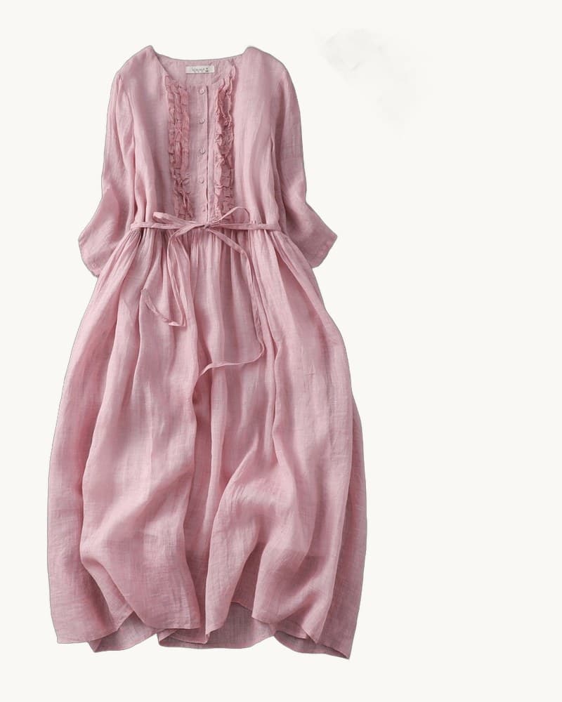 Vintage Linen Round Neck Double Layer Tie Waist Flowy Midi 1