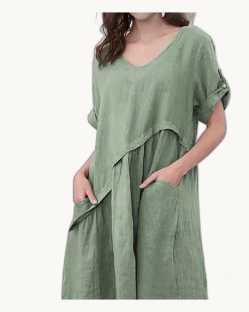 Arrival Short-sleeve Linen V-neck Pocket Dress 1