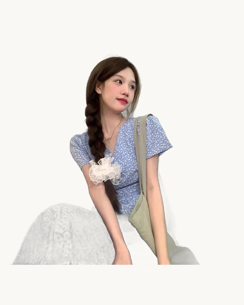 Blue Floral V-neck Casual Dress 1