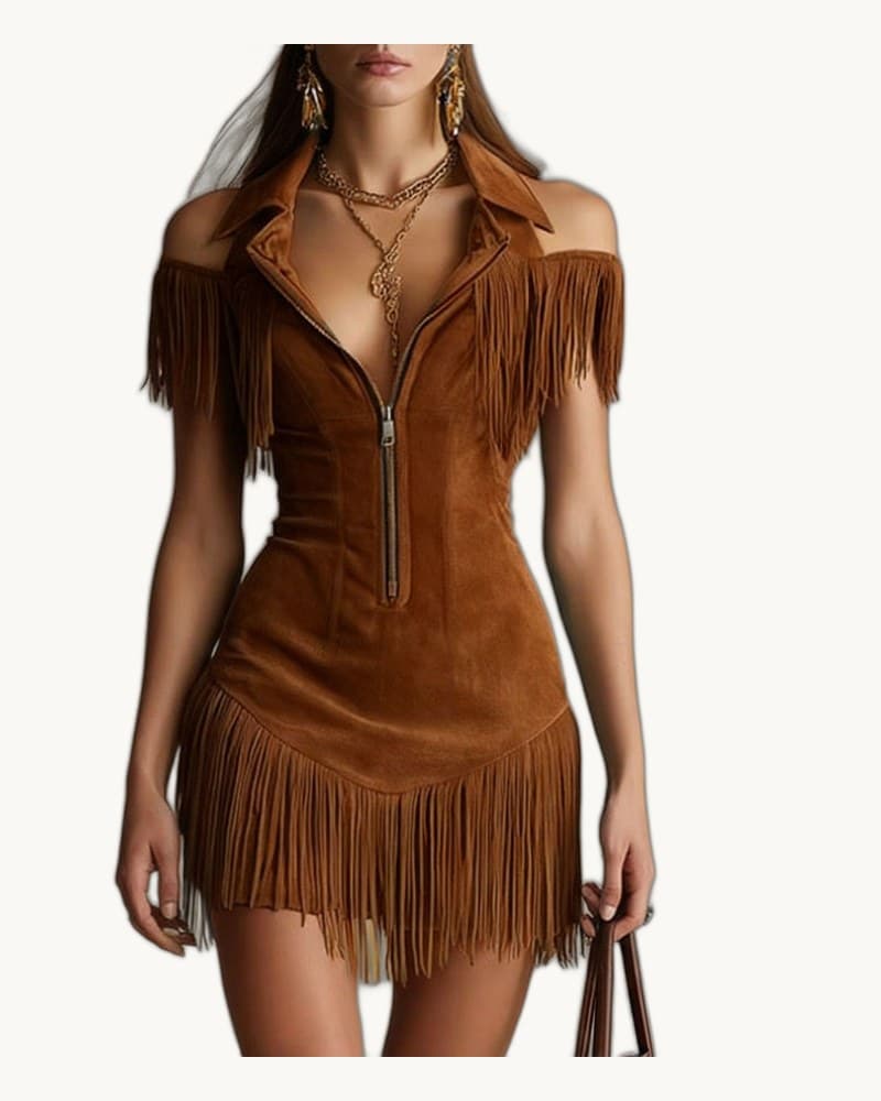 Retro Suede Tassel Off-shoulder Dress 1