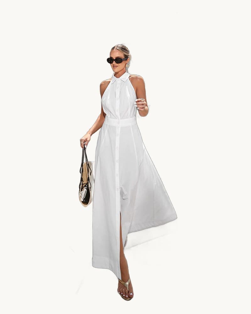 White Cotton Sleeveless Halter Dress 1