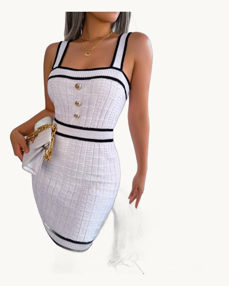Casual Square Neck Button Color Block Cinched Knit Bodycon 1
