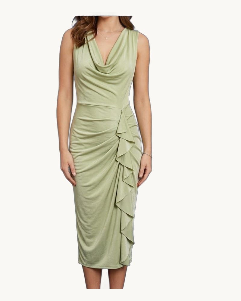 ACCETATE COWL RUFFLE MIDI DRESS SAGE Fashion BODYCON FITTED 1