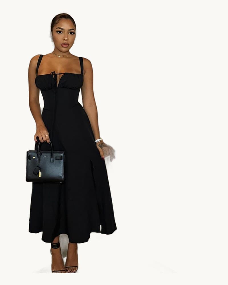 Solid-colored Bustier Slit Lace-up Casual Dress 1